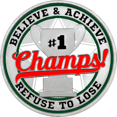 Red "Champs!" with Dark Green Outer Circular Borders